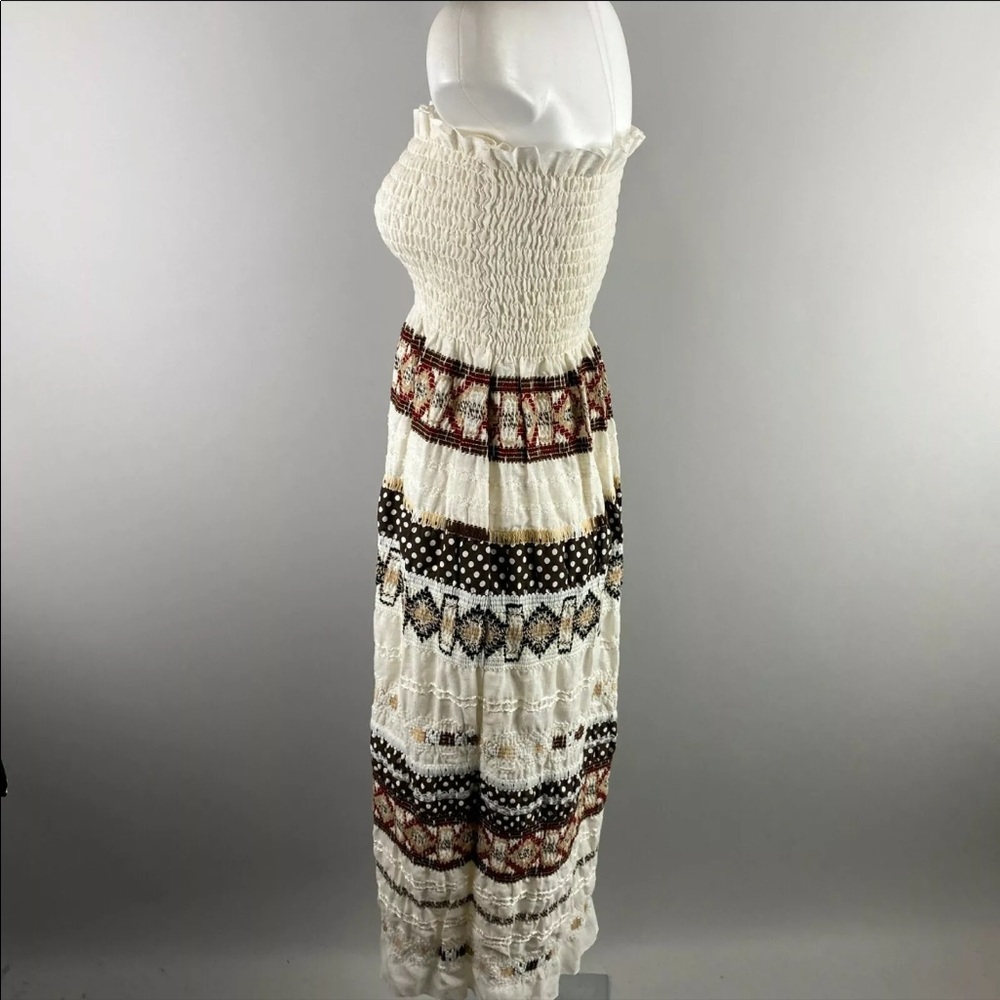 Vtg 70s Brown Tan White Dot Lace Ruffle Smocked Strapless Dress Boho S/M/L - Picture 4 of 5